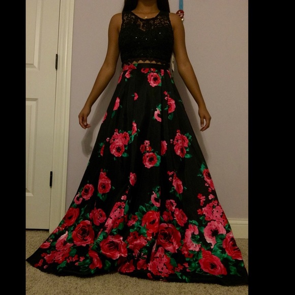 Sequin Hearts Navy Blue Floral Prom Dress - Picture 1 of 7